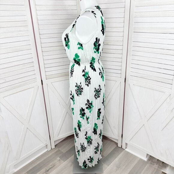 Banana Republic Pleated Chiffon Floral Maxi Dress White Green XL Sleeveless - Picture 3 of 16